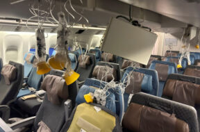 The interior of Singapore Airline flight SG321 is pictured after an emergency landing at Bangkok’s Suvarnabhumi International Airport